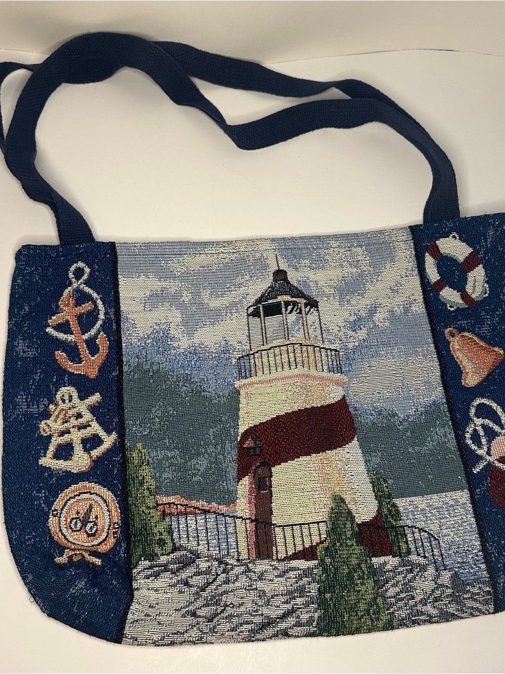 Vintage Mohawk Home Blue Lighthouse Scenic Nautical Tapestry Tote Shopping Bag